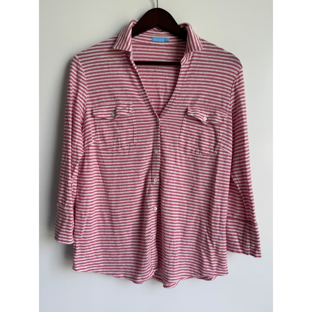 J.McLaughlin Pink White Striped Linen Button Down Top Preppy Coastal Large